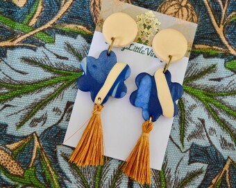 Tassel Earrings, Floral Earrings, Flower Earrings, Retro Earrings, Tassel Earrings, Clay Earrings in UK, Clay Jewellery, Gifts for Women