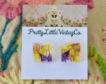 Boucles D'oreilles Résine Dorée Vintage Alternances - Motif Fleurs, Années 90, Clips, Occasion