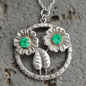 Sterling Silver Necklace, Vintage Necklace, Crystal Necklace, Floral Necklace, Flower Necklace, Green Necklace, Gifts for Her, Women Gift
