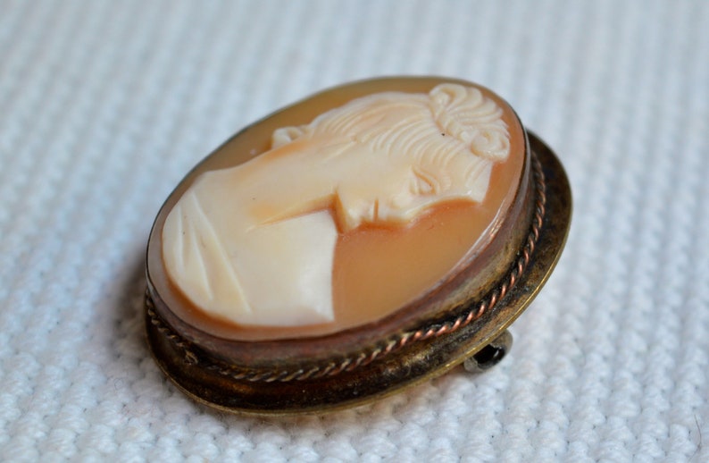 May include: A cameo brooch featuring a carved portrait of a woman's profile in a shell setting. The brooch is set in a gold-toned metal frame with a twisted wire design.