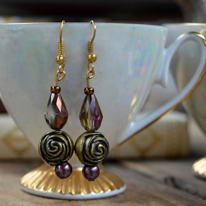 Antique Gold Coloured Drop Earrings, Rose Earrings, Drop Earrings, Bronze Earrings, Gifts for Her, Wedding Gift, Dangle Earrings