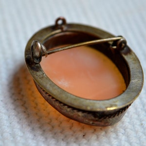 May include: A vintage cameo brooch with a delicate pink shell cameo set in a silver tone metal frame. The brooch has a pin back closure and a decorative design around the edge.