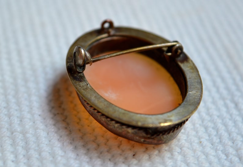 May include: A vintage cameo brooch with a delicate pink shell cameo set in a silver tone metal frame. The brooch has a pin back closure and a decorative design around the edge.