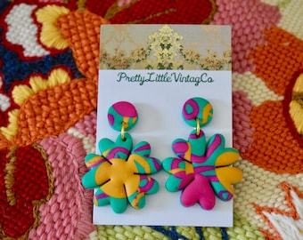 Polymer Clay Earrings, Polymer Clay Jewelry, Clay Earrings, Retro Earrings, Floral Earrings, Flower Earrings, 1970s Earrings, Women Gift