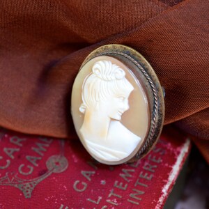 May include: A cameo brooch with a white cameo of a woman's profile set in a gold-toned metal frame.