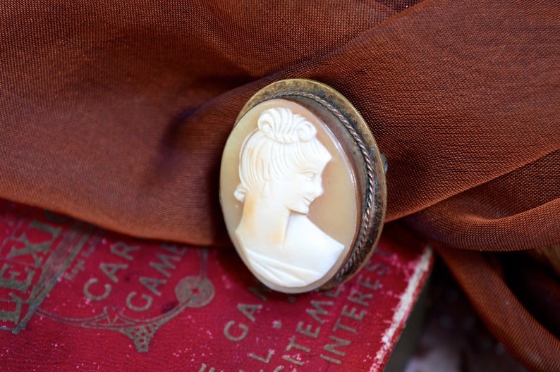 May include: A cameo brooch with a white cameo of a woman's profile set in a gold-toned metal frame.