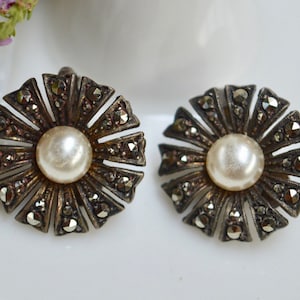 Vintage Ohrringe, Ohrclips, Markasit Ohrringe, Florale Ohrringe, Perlenohrringe, Ohrringe Vintage, Ohrringe, Vintage Schmuck