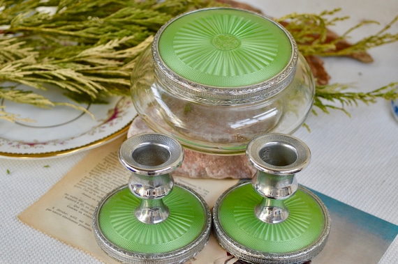 Vintage Bowl, Vintage Candlestick, Art Deco Bowl, Art Deco Candlestick, Green Candlestick, Green Bowl, Gifts for Her, New Home Gift