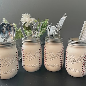 Bathroom Baseball Mason Jar Set, Baseball Utensil Holder, Baseball Jar Set, Party Favors, Bathroom,Party Caddy, Baseball, 4th of July