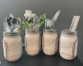 Bathroom Baseball Mason Jar Set, Baseball Utensil Holder, Baseball Jar Set, Party Favors, Bathroom,Party Caddy, Baseball, 4th of July