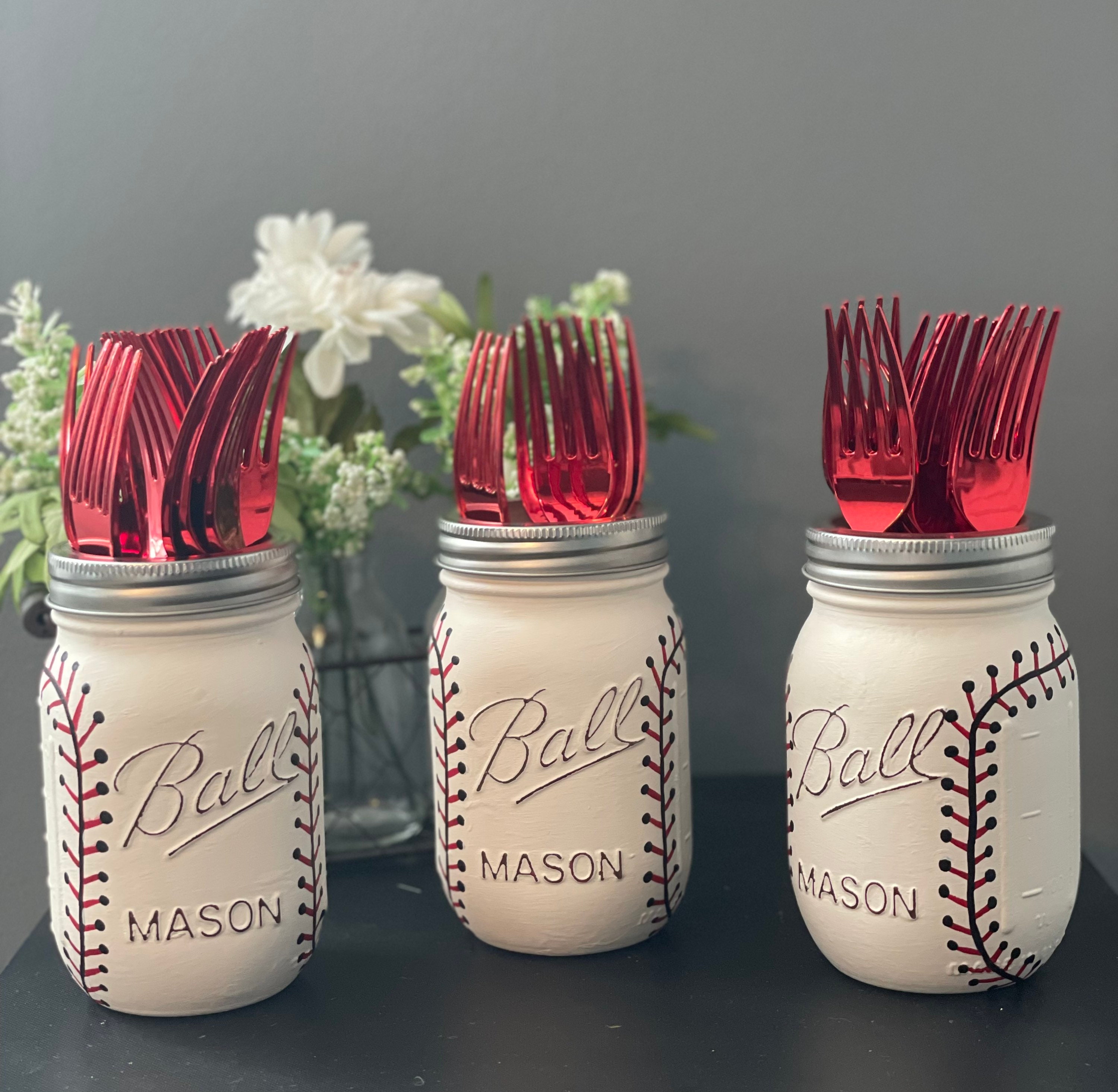 Baseball Mason Jar Caddy Set: Rustic Painted Utensil Holder