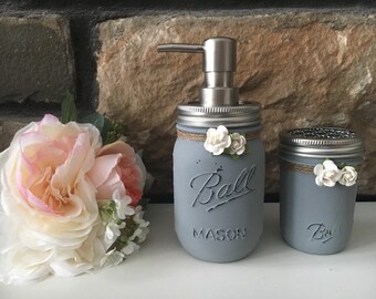 Bathoom Set, Gray Soap Dispense, Gray Mason Jar, Bathroom Mason Jar Set, Soap Dispenser, Farmhouse Decor, Rustic Decor