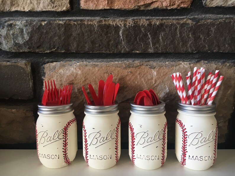 Bathroom Baseball Mason Jar Set Baseball Utensil Holder Etsy