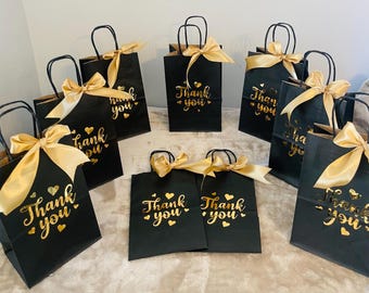 Anniversary bags, gold and black bags, Birthday party favor bags, bridal shower bags, engagement bags, thank you bags, retirement Favor bags