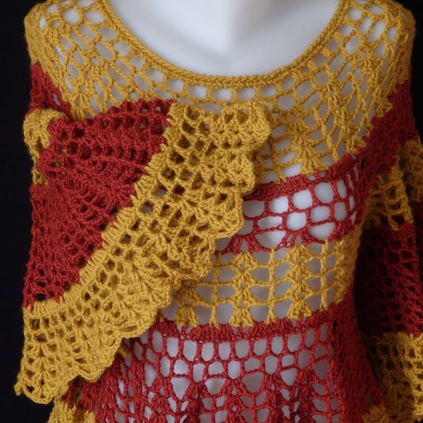 Tunique style 70's au Crochet, Manches évasées, Pull, Jaune Moutarde et Rouille