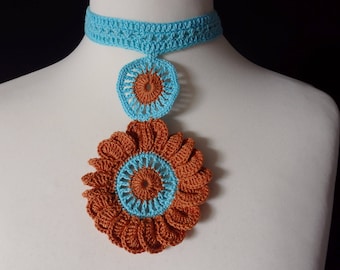 Collier Hippie Fleur Crochet - Cotons Turquoise et Marron