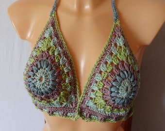 Top Granny hippie au crochet, coton mix de verts, haut de maillot de bain bohème