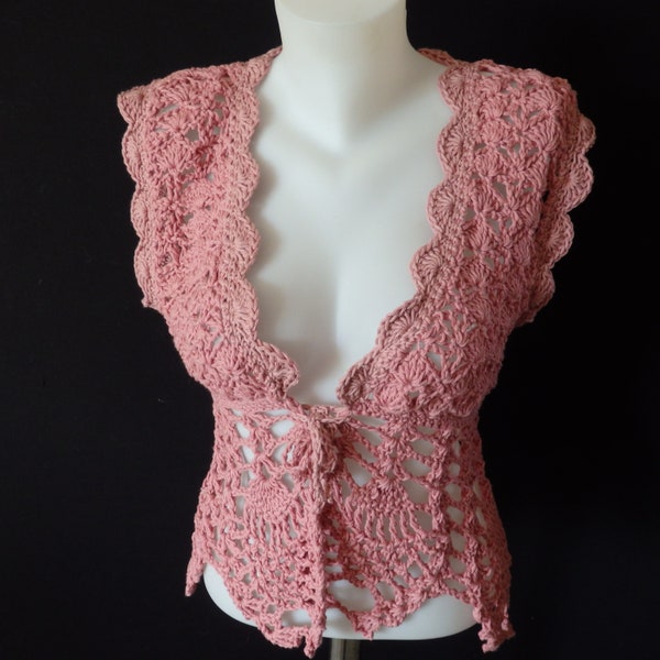 Gilet sans manches au Crochet, Coton couleur bois de rose