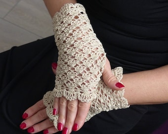 Crochet Summer Mittens, romantic style, beige cotton yarn