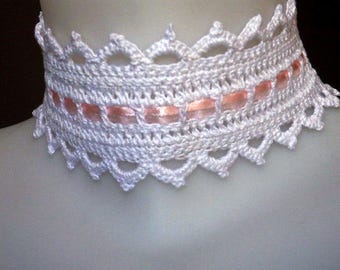 Choker Ras de Cou Collier Mariage Blanc et Rose au Crochet _ Wedding crochet choker white and pink