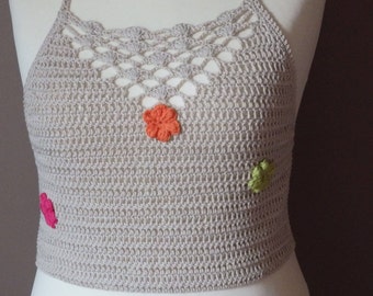 Dos Nu Eté Bucolique au Crochet Halter Top Ecru Fleurs Rose Vert Orange