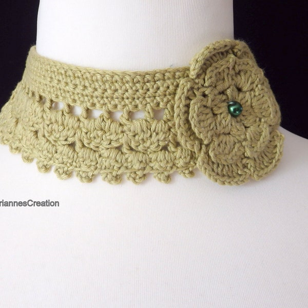 Choker Bijou au Crochet, Style Fantaisie, Fleur, Coton Coloris Vert Olive