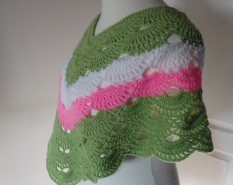 Crochet Poncho Vert Printemps, Rose Fluo, et blanc au crochet