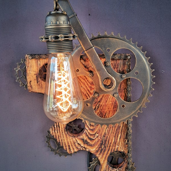 Plug in wall lamp, wall mounted lamp, steampunk lamp, steampunk lighting, bedside lamp, home decor lighting, recycled bike lamp, bike art