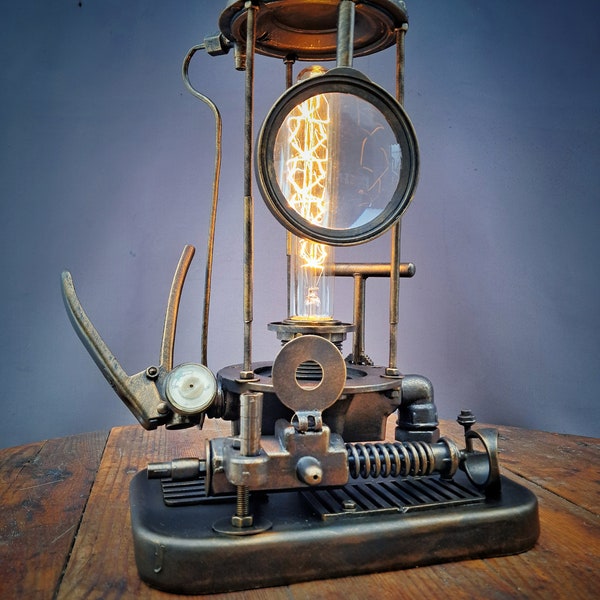 Steampunk table lamp with magnifying glass, steampunk lighting, rustic industrial desk lamp, reading vintage lamp, bedside lamp, loft decor