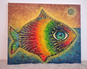 Arte de peixe original pintura acrílica arte do arco-íris arte popular de peixe bonito arte de parede colorida presente para ela decoração de parede de peixe arte colorida de arco-íris