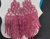 Handcrafted, Hand Threaded, Glass Clear, Red Lined Seed Bead Fringed Netted Dangle Earrings, Gift for Her