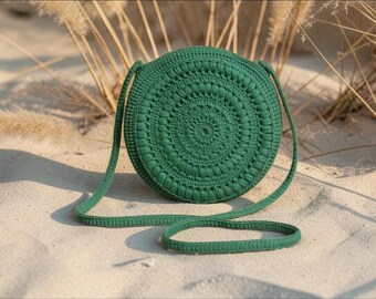 Sac à main rond au crochet, sac bandoulière bohème vert émeraude