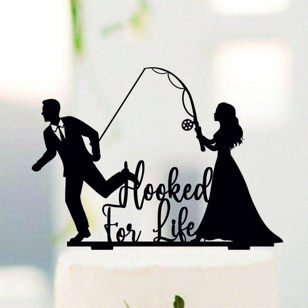 Groom Pulling Bride Wedding Cake Topper, Hooked for Life, Hooked on love, Fisherman cake Topper, Groom Dragging Bride, Funny cake topper#237