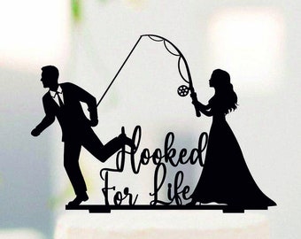 Bride Pulling Groom Wedding Cake Topper, Hooked for Life, Hooked on love, Funny topper #237