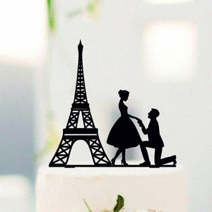 Proposing near Eiffel Tower Wedding Cake Topper, Custom Wedding Topper, Bride and Groom, Cake Silhouette, Couple near Eiffel Tower #163