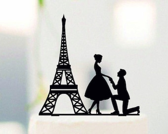 Proposing near Eiffel Tower Wedding Cake Topper, Custom Wedding Topper, Bride and Groom, Cake Silhouette, Couple near Eiffel Tower #-163