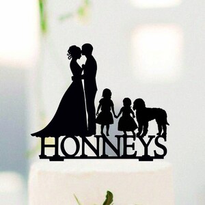 Family Cake Topper with Labradoodle, Custom Wedding Topper, Bride and Groom with child and pets, Couple with children Cake Silhouette #204
