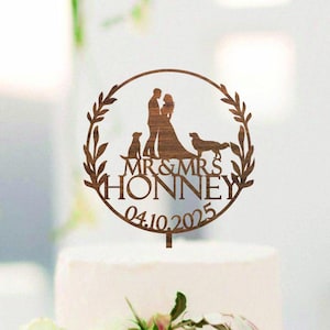 Wreath Cake Topper, Boho Floral Wedding Cake Topper with Dog, Personalized cake topper, Cake Topper with Cat, Bride and Groom #251