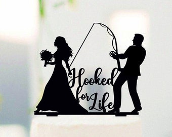 Groom Pulling Bride Wedding Cake Topper, Hooked for Life, Hooked on love, Fisherman cake Topper, Groom Dragging Bride, Funny topper #237