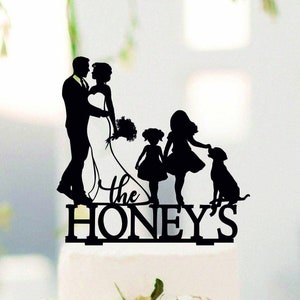 Couple Cake Topper with kids, Family Wedding Cake Topper, Custom Topper with Labrador, Bride and Groom with daughters, Couple with pets#235