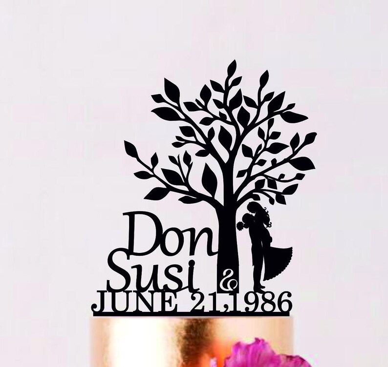 Wedding Cake Topper With Tree Couple Cake Topper With Date Etsy