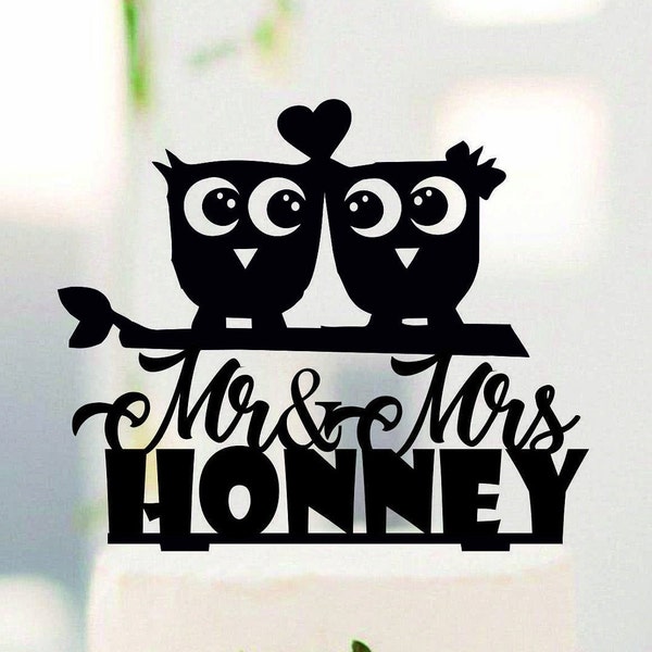 Cute Love Owls with Last Name Cake topper, Wedding Silhouette, Love Owls Cake Topper, Inspired Wedding Cake Topper #189