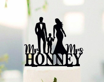 Custom Wedding Cake Topper, Bride Groom and Boy, Family Silhouette