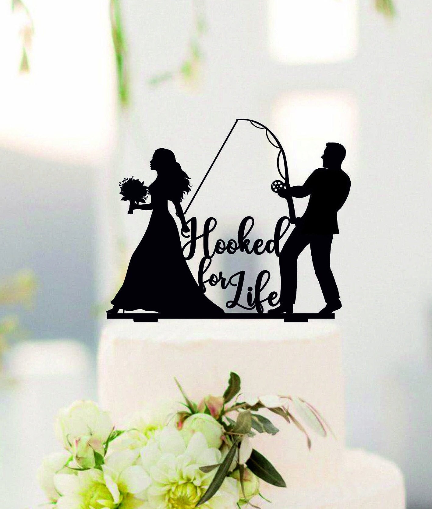 Heart cake topper per torta Personalized initial wedding cake topper Fishing sposo sollevamento Bride silhouette pescatore 