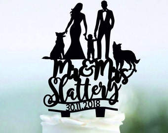 Custom Wedding Cake Topper, Bride Groom and Boy, Family Silhouette
