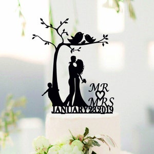 Sotto l'albero di matrimonio cake topper, famiglia cake topper, topper sposa su misura, sposa e sposo con il ragazzino, coppia con bambino