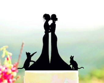 Same Sex Couple with cats, Lesbian Cake Topper, Custom Wedding Topper, Bride and Bride cake topper, Personalized cake topper#30