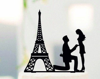 Proposing near Eiffel Tower Wedding Cake Topper, Custom Wedding Topper, Bride and Groom, Cake Silhouette, Couple near Eiffel Tower #164