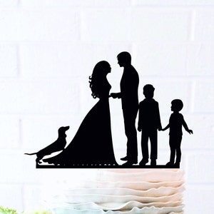 Famiglia matrimonio Torta Cappello a cilindro, sposa e sposo con le bambine, Torta Sagoma, coppia con figli Torta Cappello a cilindro