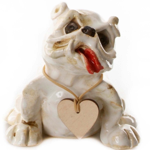 Ceramic Bulldog Statue with Wooden Messaging Heart Gift for Dog Lovers, Quirky Hand Made Ornament